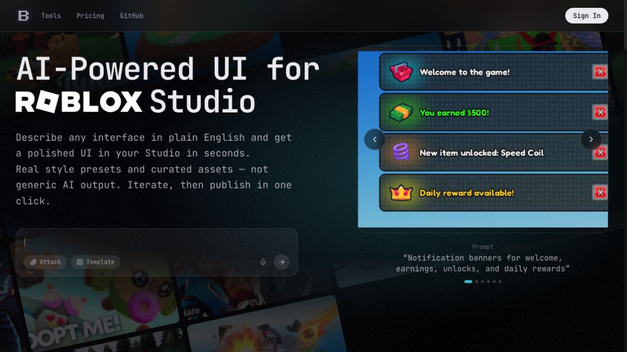 BloxSmith homepage showing its prompt-to-Roblox-Studio UI workflow, captured September 1, 2026
