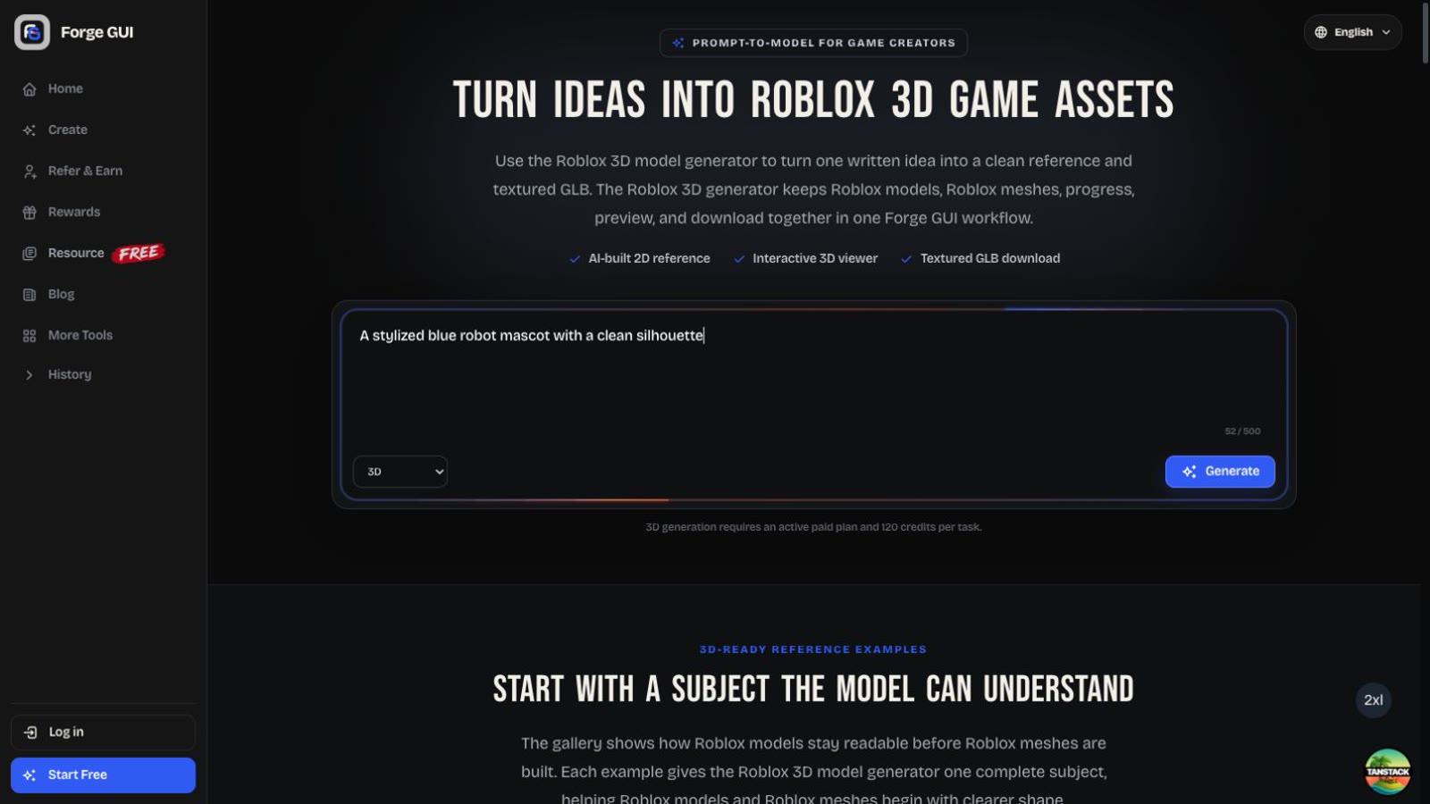 Forge GUI 3D page showing its prompt-to-reference and textured GLB workflow