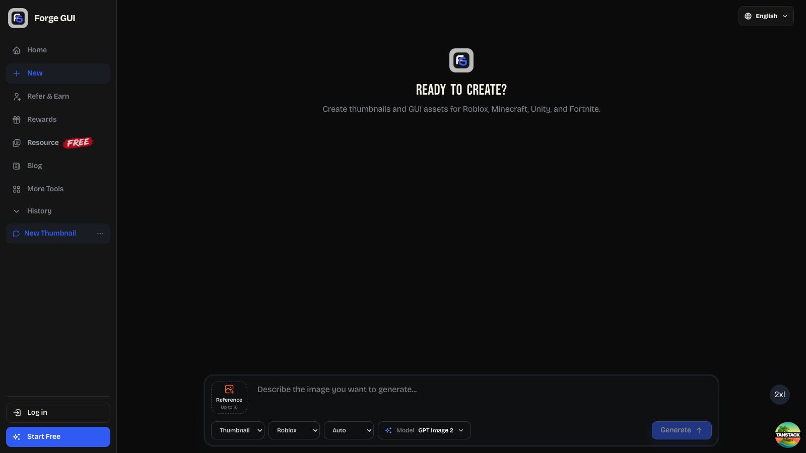 Forge GUI workspace with visual asset controls and generation history