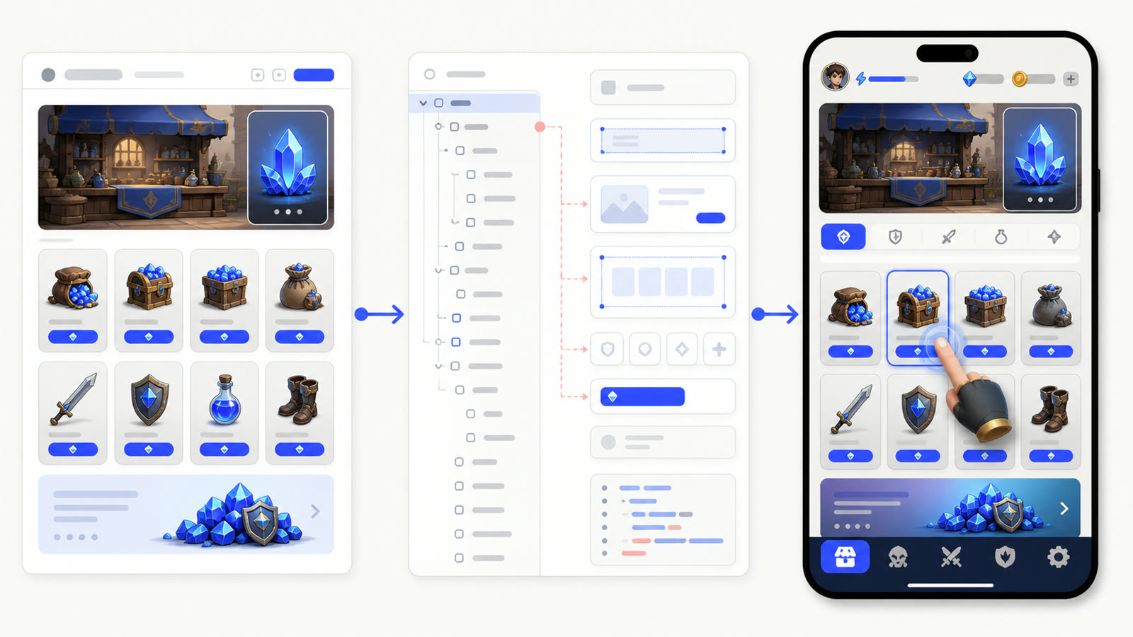 A Forge GUI concept-to-Studio handoff showing the difference between visual direction and implementation