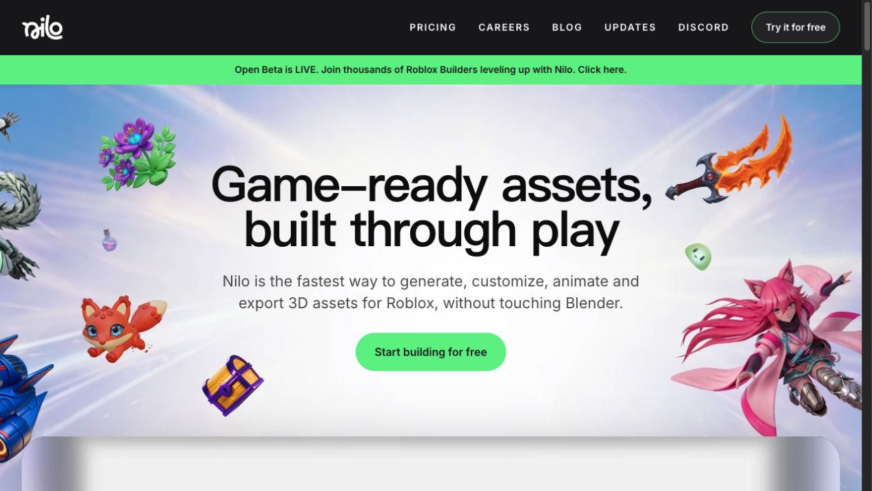 Nilo homepage showing its 3D asset creation and Roblox export positioning, captured September 1, 2026
