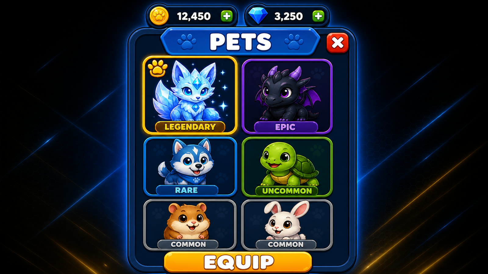 Dark blue pet inventory with six readable pet slots and a large gold equip button