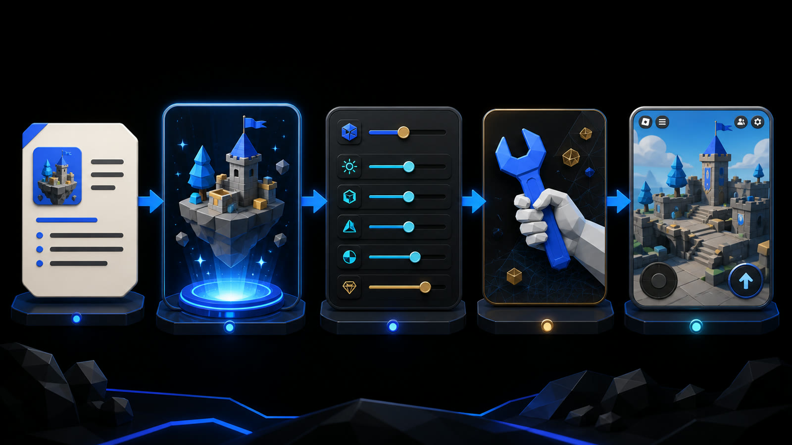 Five-stage visual workflow from brief and generation through refinement, production, and playtesting