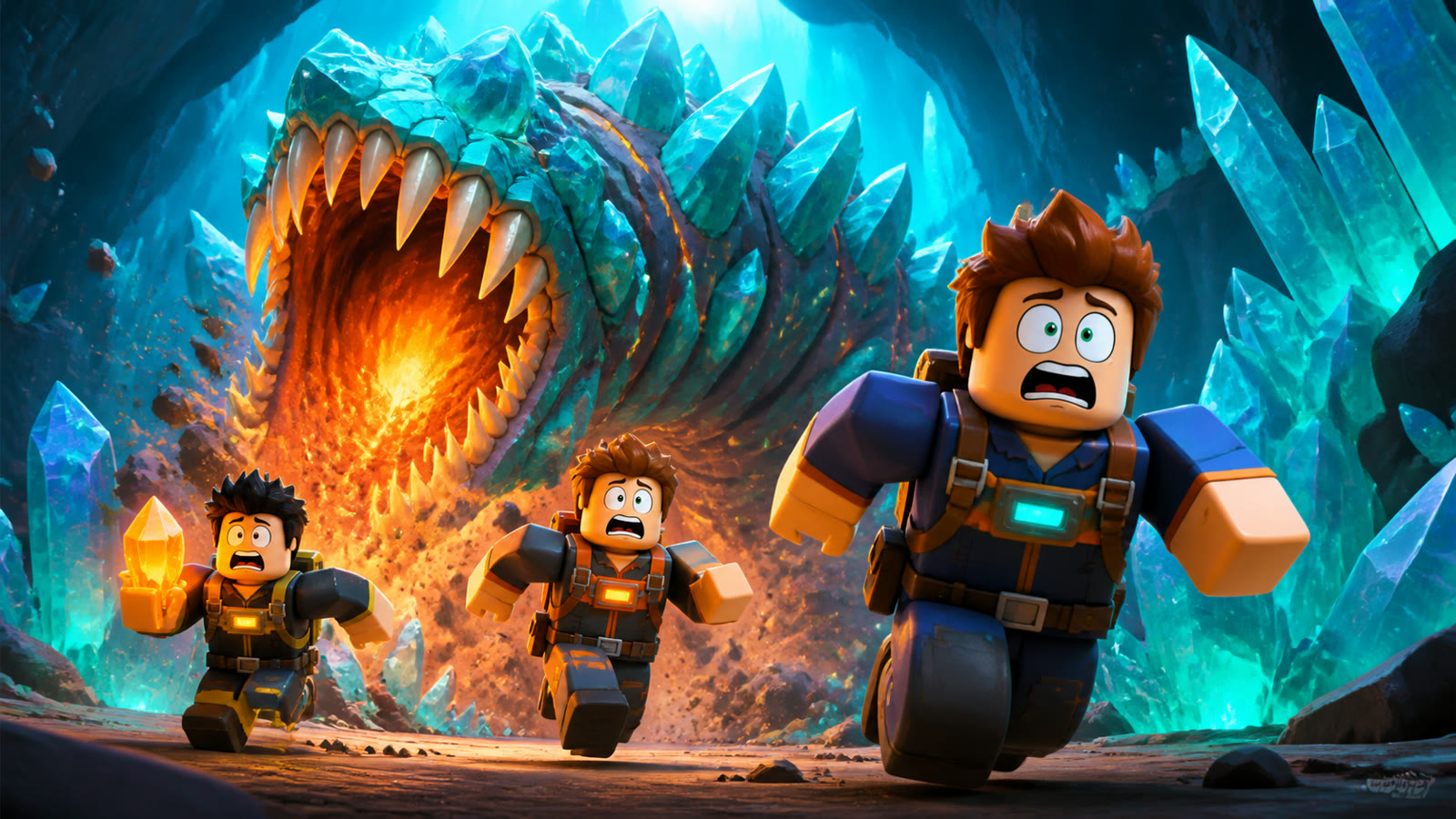 Three blocky space miners escaping a giant crystal worm in a bright cyan cave