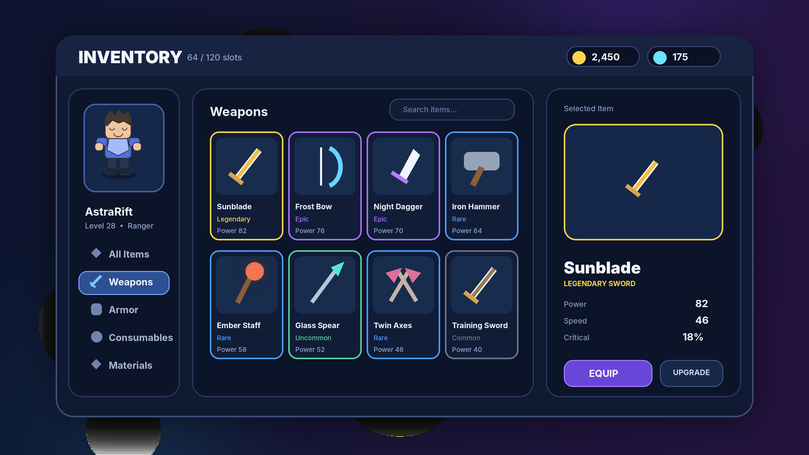 Original inventory GUI concept with categories, item cards, stats, and primary actions