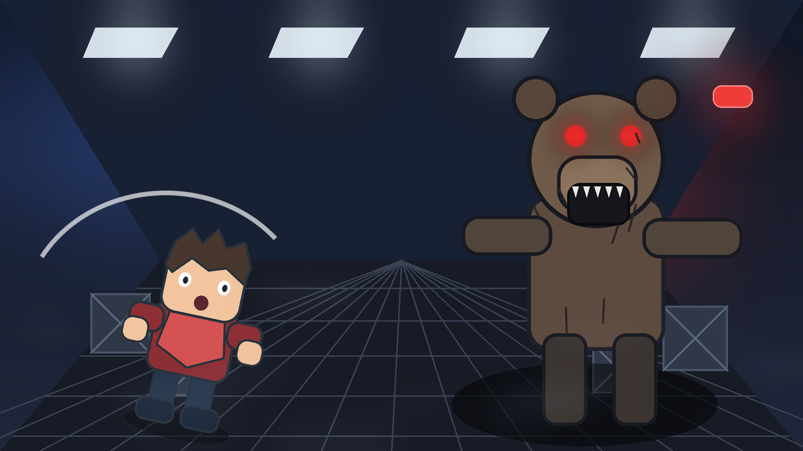 Personaje inspirado en Roblox que escapa de un gran oso mecánico en un laboratorio oscuro