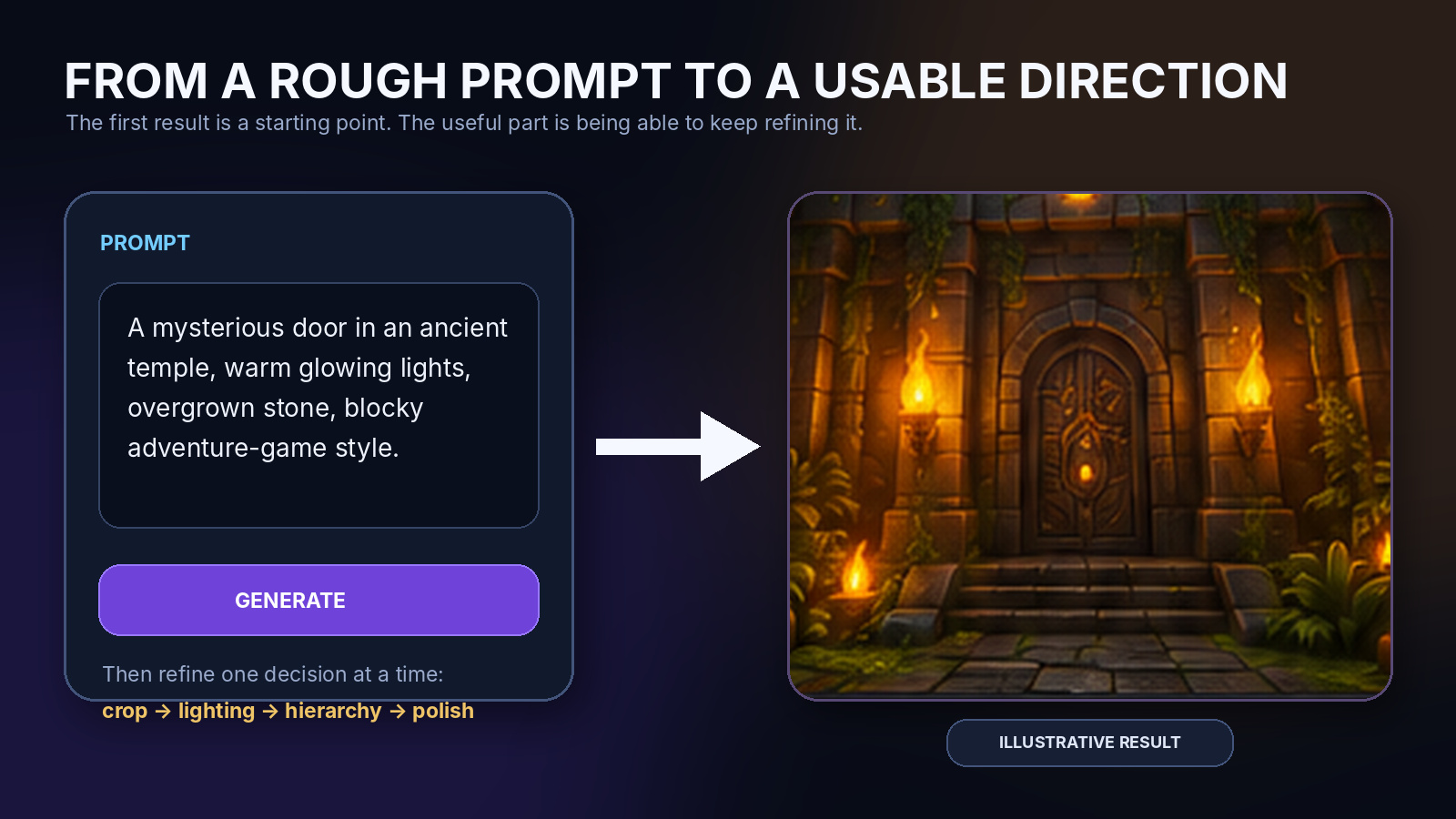 Illustrative prompt-to-result workflow for an ancient temple door