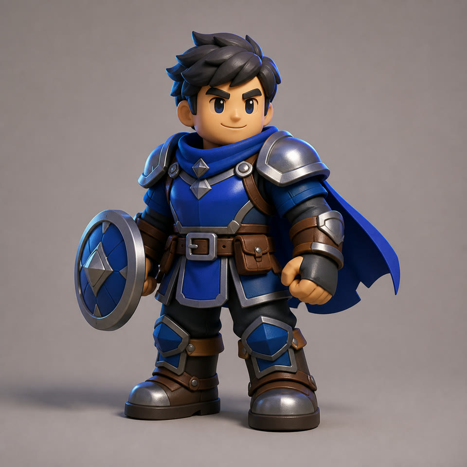 3Dリファレンス向けに全身を見せた青い装備のファンタジー冒険者