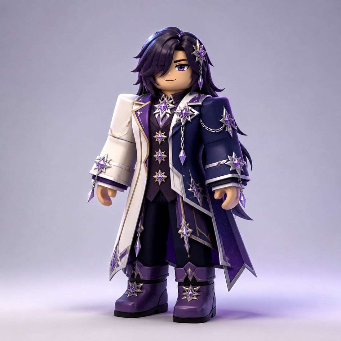 Full-body Roblox-style celestial academy avatar in an ivory and indigo coat with purple crystal accessories
