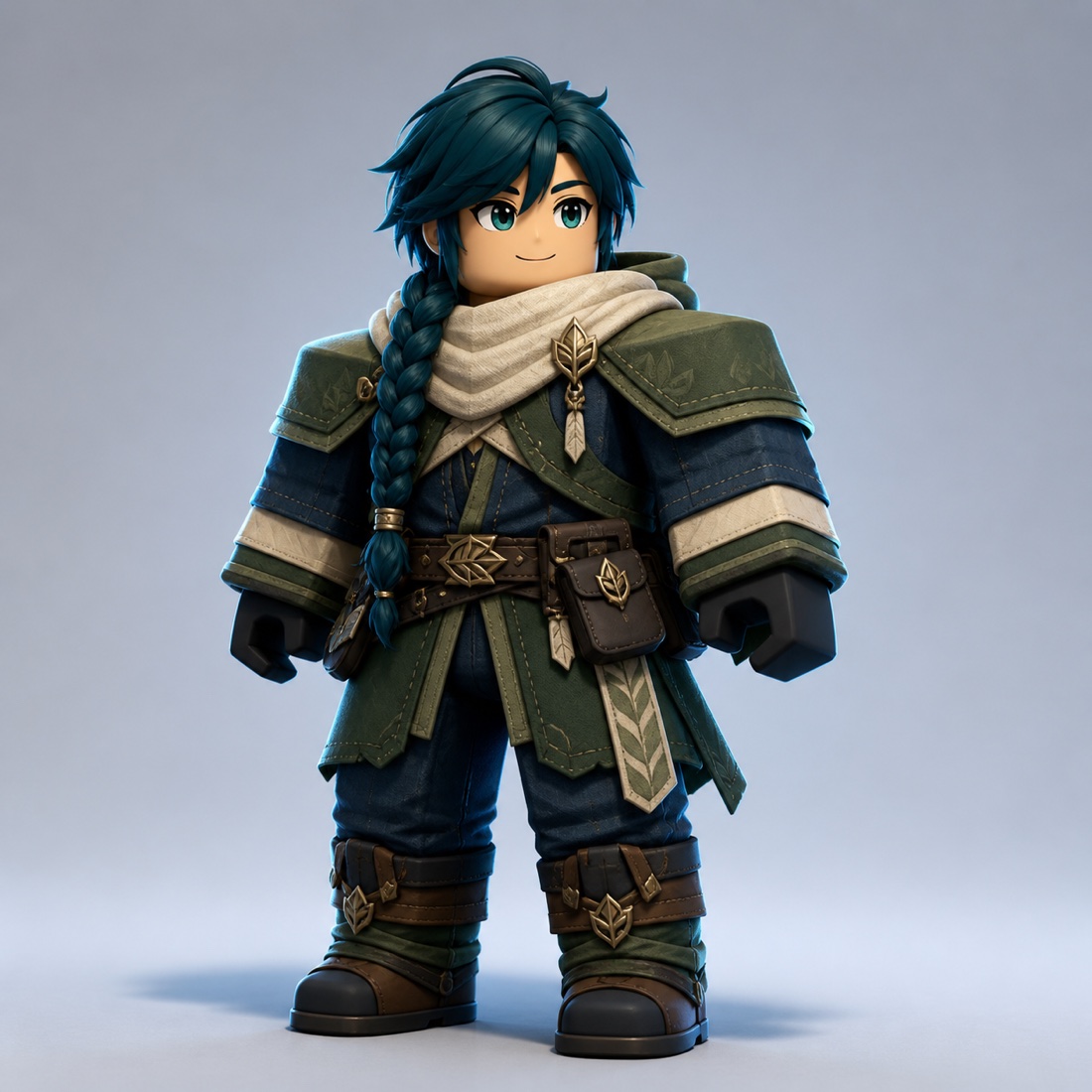 Full-body Roblox-style forest scout avatar with teal braided hair, green travel clothes, a cream scarf, and leaf clasps