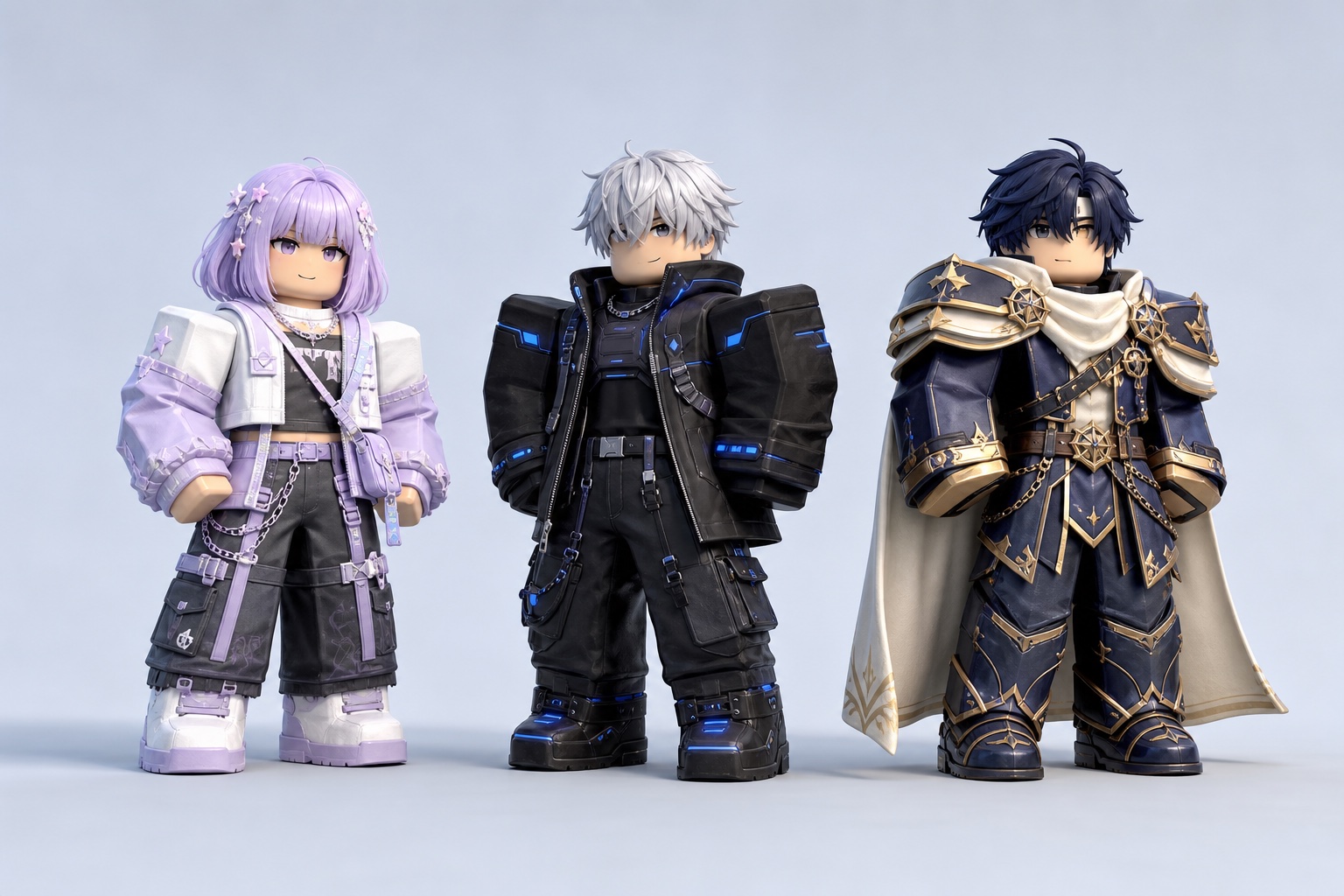 Three full-body Roblox-style avatar concepts in pastel streetwear, black cyberpunk clothing, and navy fantasy armor
