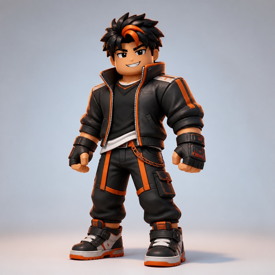 Full-body Roblox-style street racer avatar wearing black clothing with orange trim and chunky high-top shoes