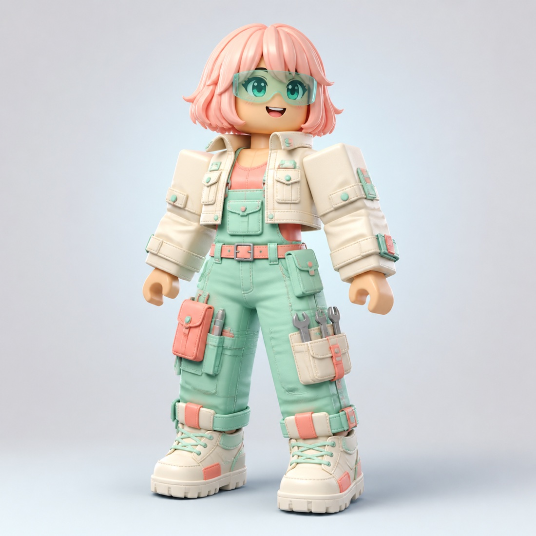 Full-body pastel Roblox-style inventor avatar with pink hair, mint overalls, a cream jacket, and utility pouches